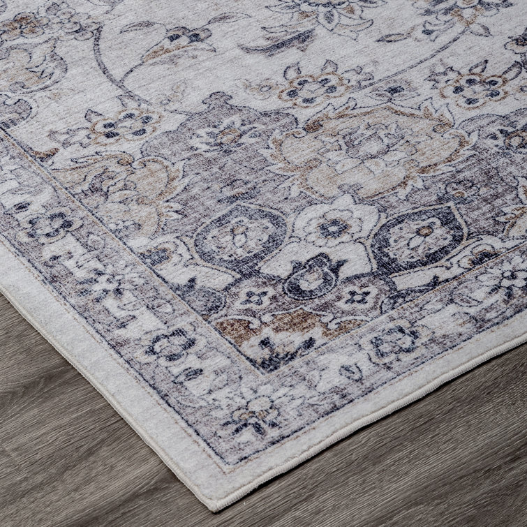 Gray Vintage Floral Synthetic Area Rug 2' x 3'