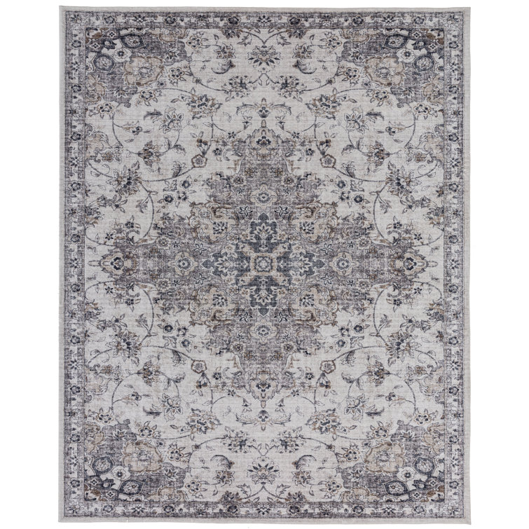 Gray Vintage Floral Synthetic Area Rug 2' x 3'