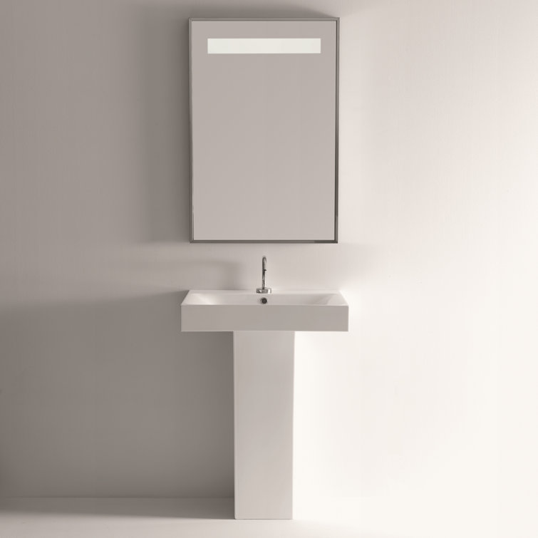 Glossy White Ceramic Rectangular Semi-Pedestal Bathroom Sink