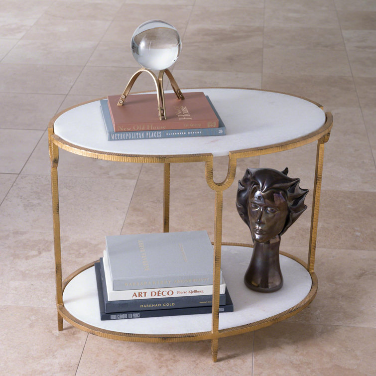 Gold Leaf Iron and White Marble Round Side Table
