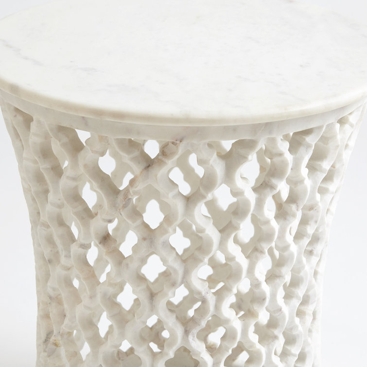 Exotic Arabesque Round Marble & Wood Side Table - 17"