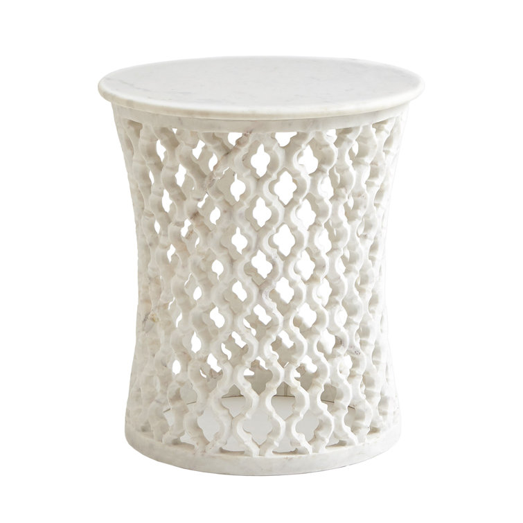 Exotic Arabesque Round Marble & Wood Side Table - 17"
