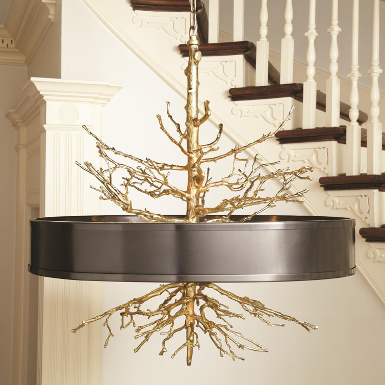 Sculptural Twig 4-Light Drum Pendant in Brass/Bronze with Glass Diffuser