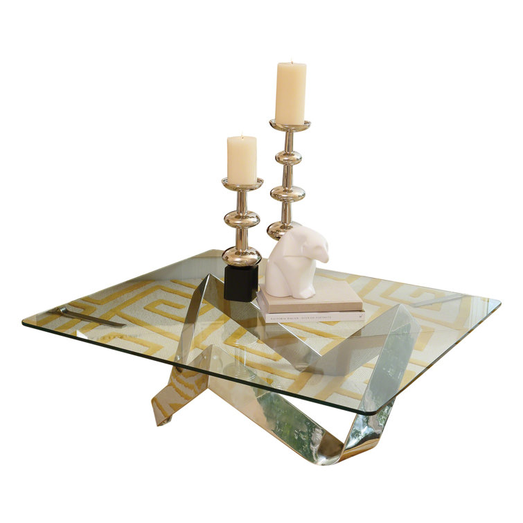 Sculptural Nickel Finish Metal and Glass Square Cocktail Table