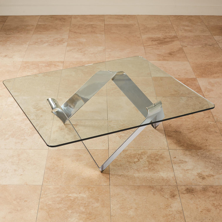 Sculptural Nickel Finish Metal and Glass Square Cocktail Table