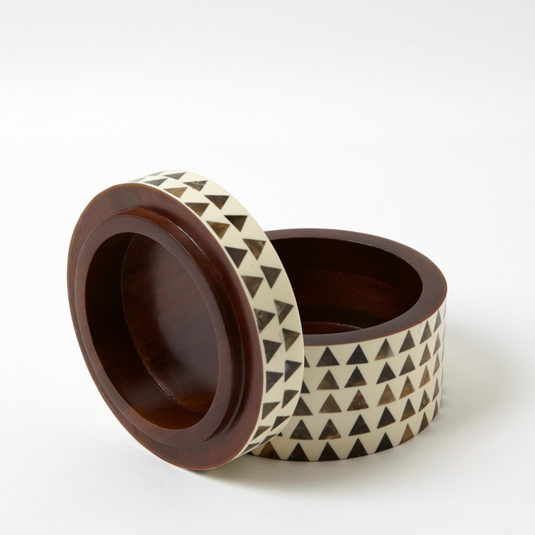 Small Round White and Brown Triangle Lidded Box