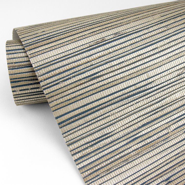 Champagne and Teal Striped Grasscloth Wallpaper Roll