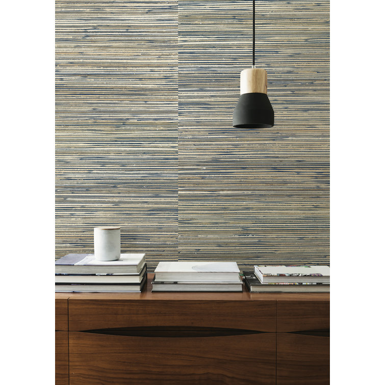Champagne and Teal Striped Grasscloth Wallpaper Roll