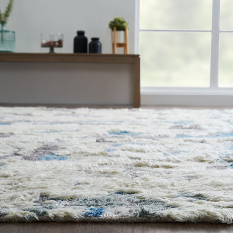 Gray and Blue Hand-Knotted Wool Abstract Shag Rug