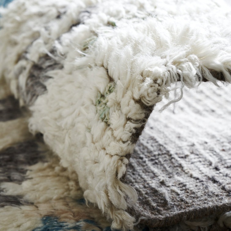 Gray and Blue Hand-Knotted Wool Abstract Shag Rug