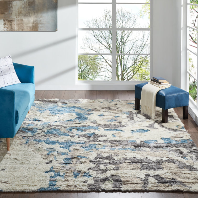 Gray and Blue Hand-Knotted Wool Abstract Shag Rug