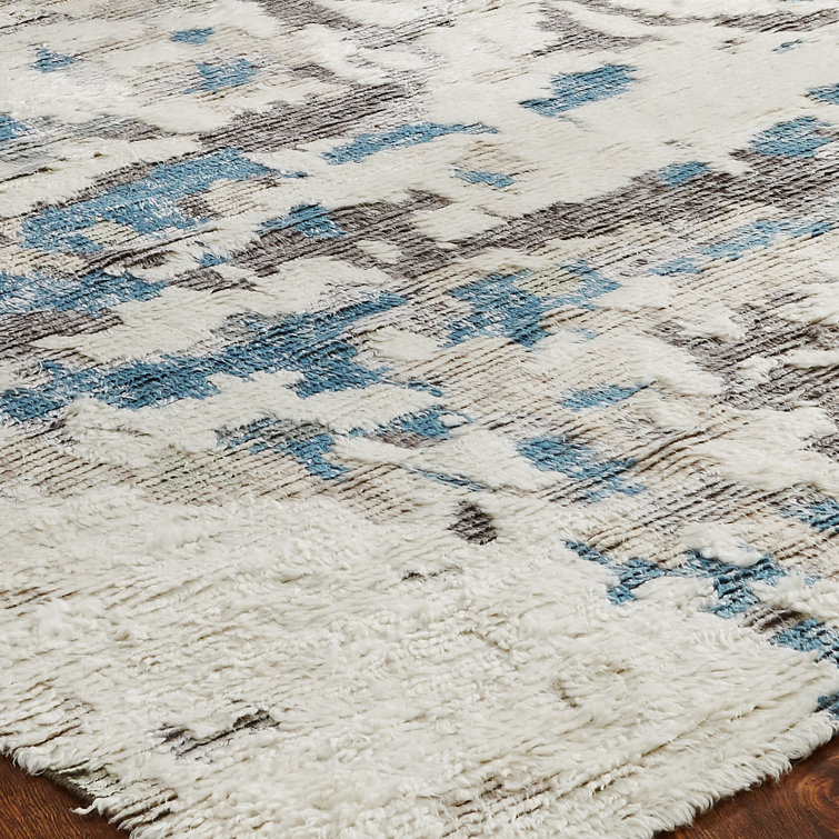 Gray and Blue Hand-Knotted Wool Abstract Shag Rug