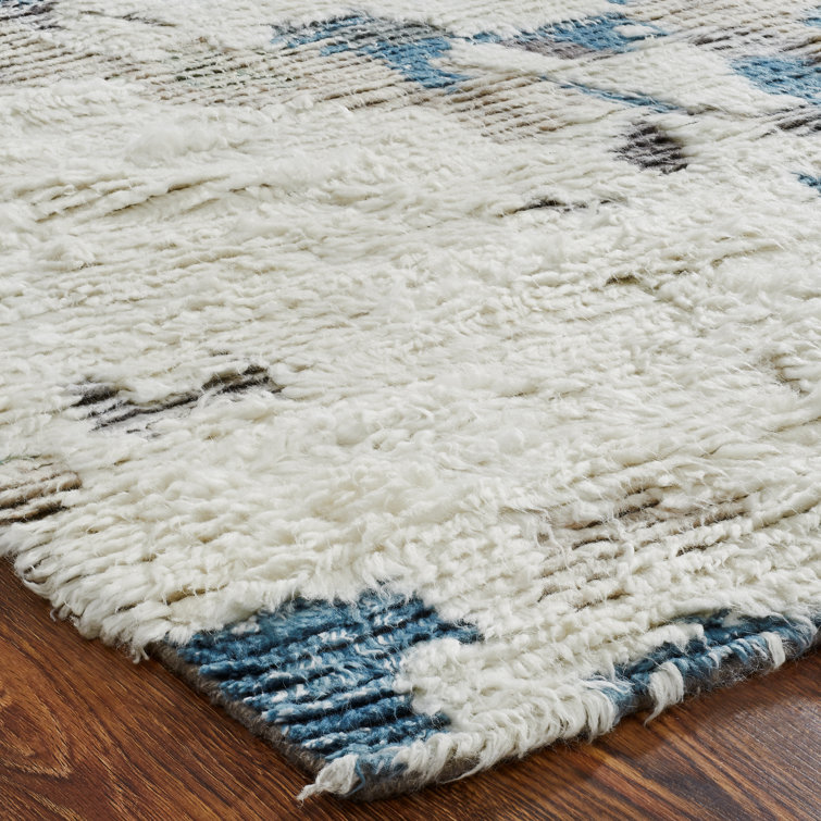 Gray and Blue Hand-Knotted Wool Abstract Shag Rug