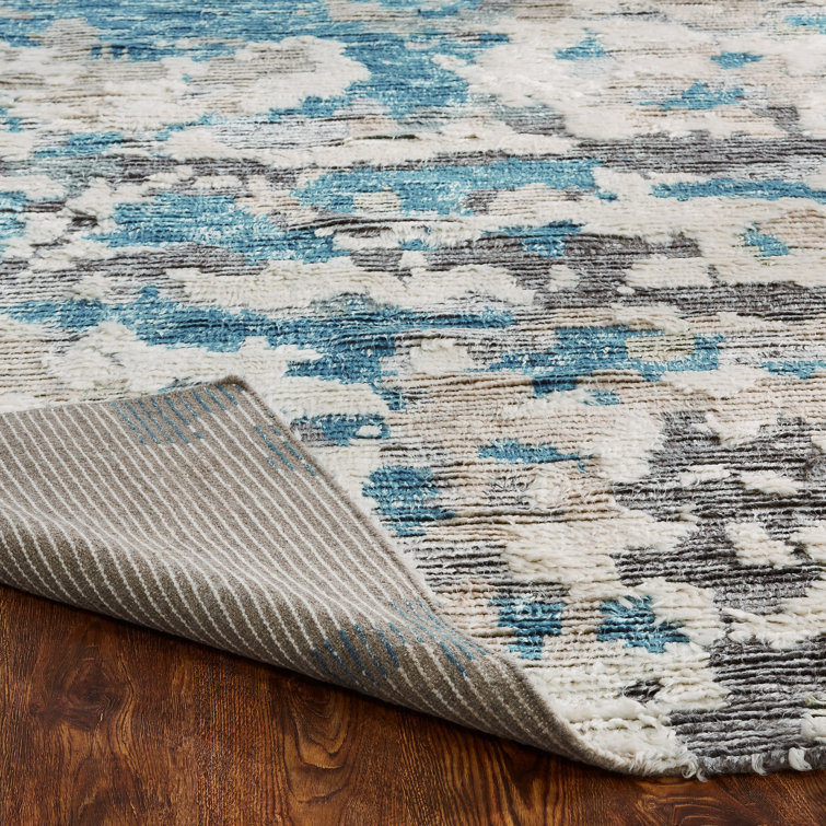 Gray and Blue Hand-Knotted Wool Abstract Shag Rug
