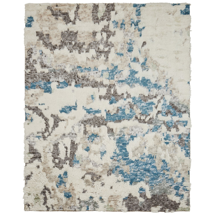 Gray and Blue Hand-Knotted Wool Abstract Shag Rug