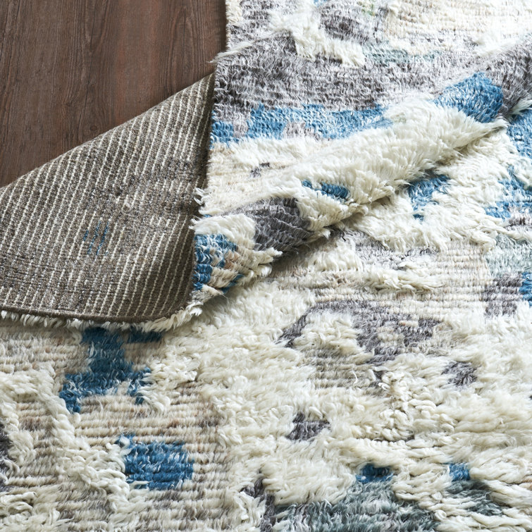 Gray and Blue Hand-Knotted Wool Abstract Shag Rug