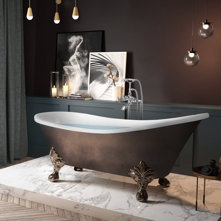 69'' Matte Antique Brass and White Acrylic Clawfoot Bathtub