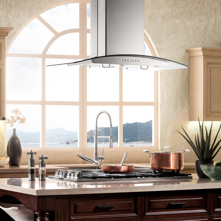 30" Stainless Steel Convertible Island Range Hood with Glass Canopy