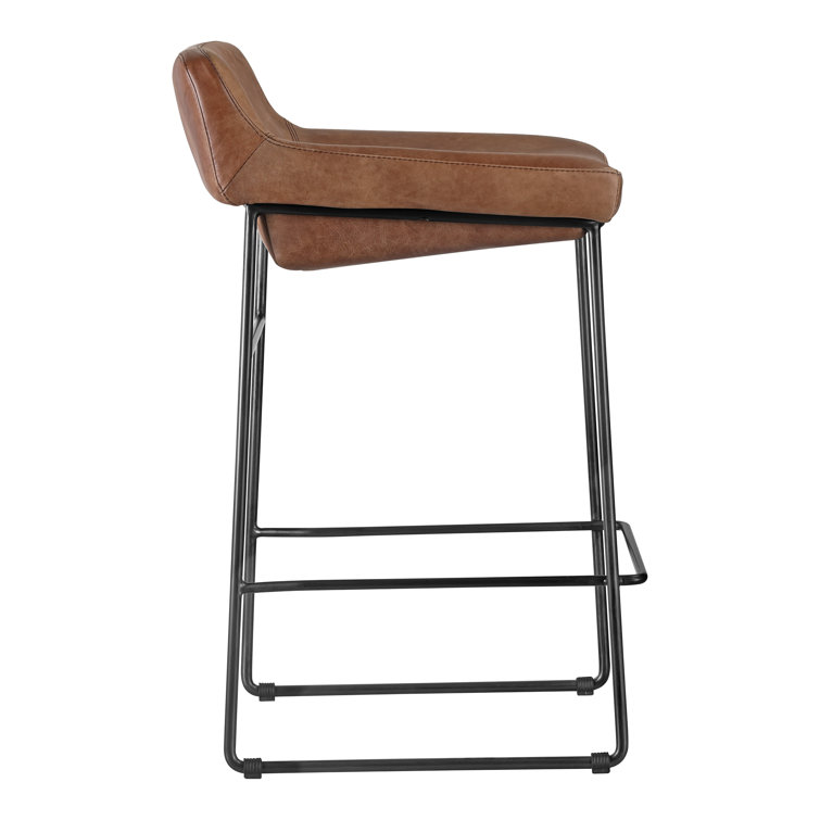 Cappuccino Leather Counter Stool with Iron Legs, Set of 2