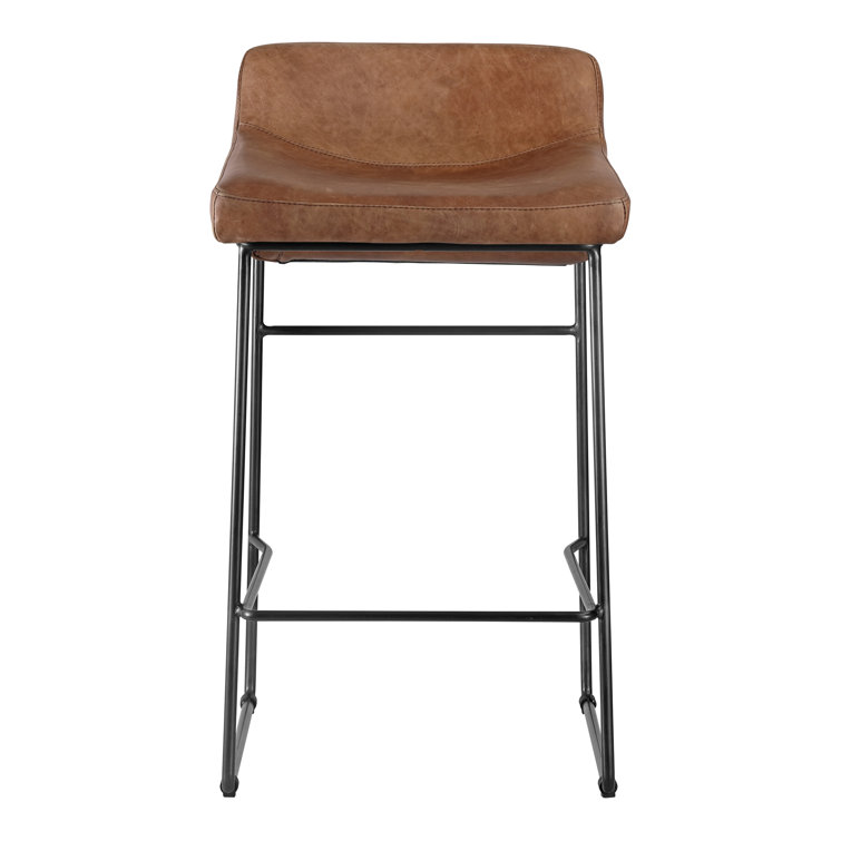 Cappuccino Leather Counter Stool with Iron Legs, Set of 2