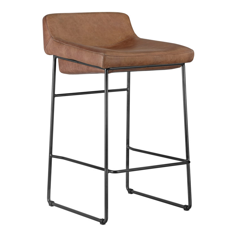 Cappuccino Leather Counter Stool with Iron Legs, Set of 2