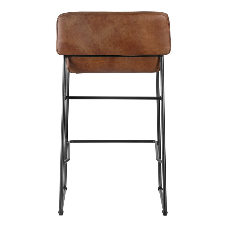 Cappuccino Leather Counter Stool with Iron Legs, Set of 2
