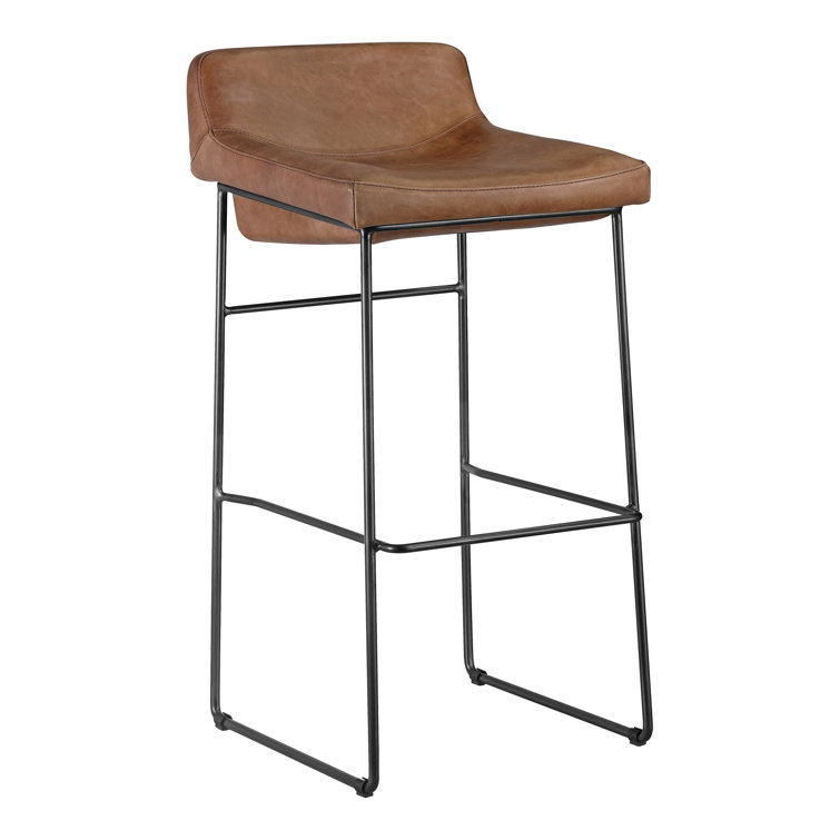 Cappuccino Leather Counter Stool with Iron Legs, Set of 2