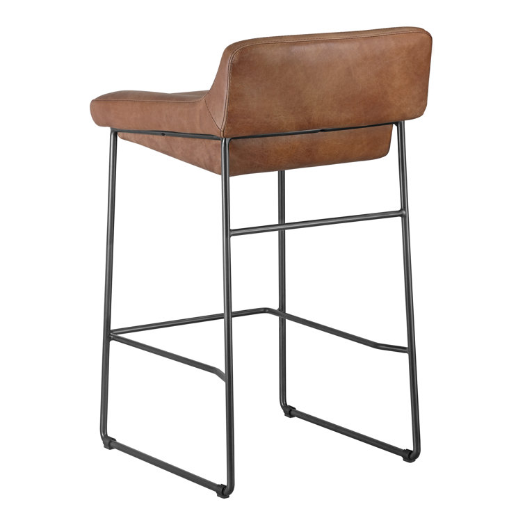 Cappuccino Leather Counter Stool with Iron Legs, Set of 2
