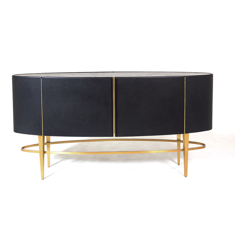 Ebony Black Cowhide and Oak Sideboard with Brushed Brass Legs