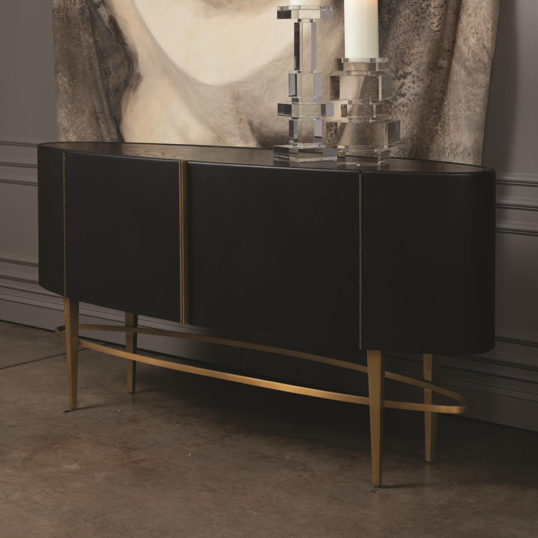 Ebony Black Cowhide and Oak Sideboard with Brushed Brass Legs