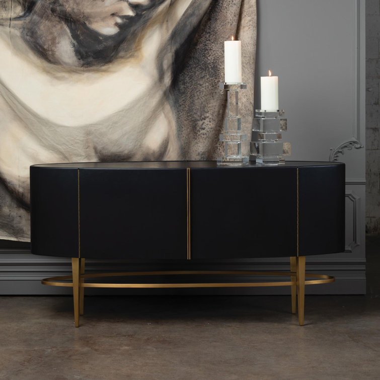 Ebony Black Cowhide and Oak Sideboard with Brushed Brass Legs