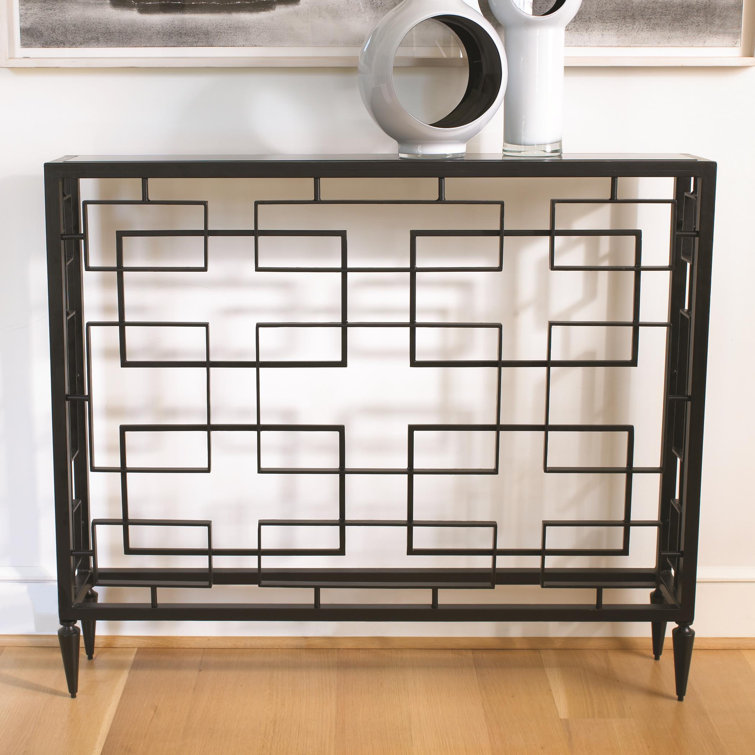 Futuristic Black Marble & Metal Open-Block Console with Storage