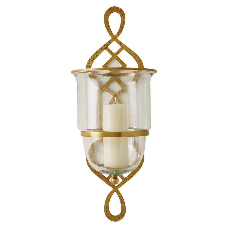 Grand Fret Gold Hand-Forged Iron Wall Sconce with Glass Hurricane