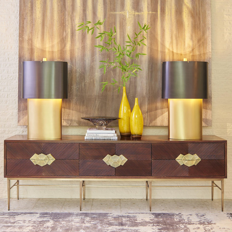 Dark Walnut Chevron Media Cabinet with Brass Hardware