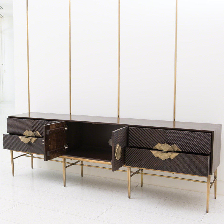 Dark Walnut Chevron Media Cabinet with Brass Hardware