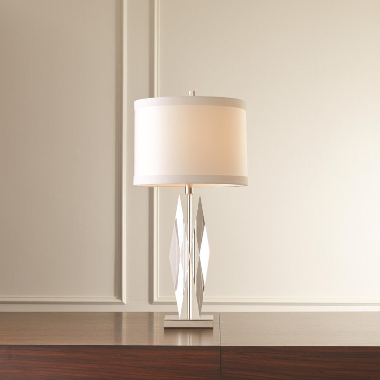 Elegant Nickel Finish Faceted Crystal 1-Light Lamp with White Silk Shade