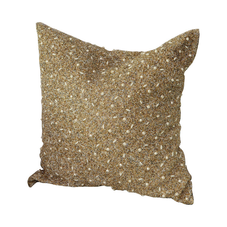 Golden Embroidered Beaded 20" Pillow with Down Fill