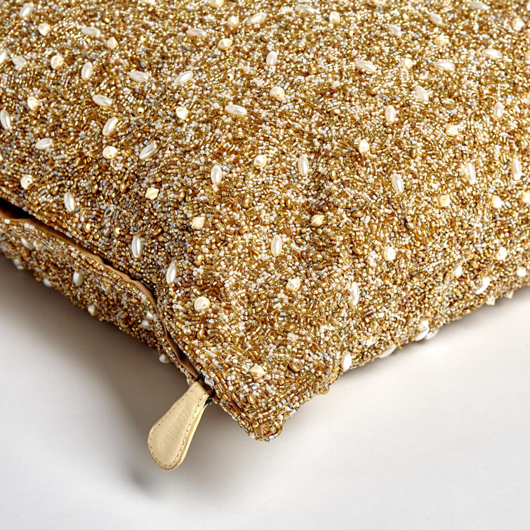 Golden Embroidered Beaded 20" Pillow with Down Fill