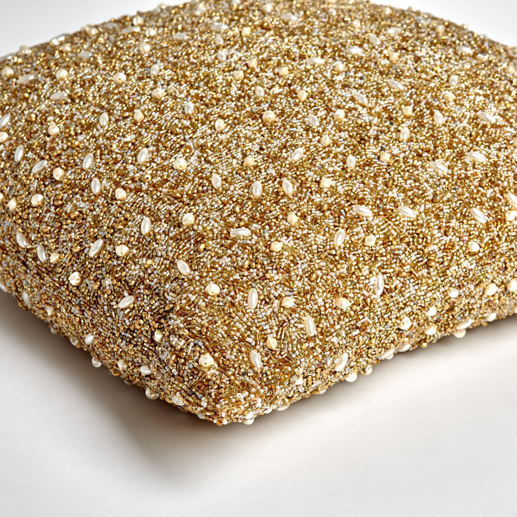 Golden Embroidered Beaded 20" Pillow with Down Fill