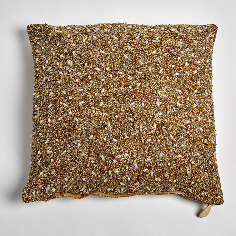 Golden Embroidered Beaded 20" Pillow with Down Fill