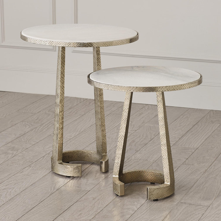 Handcrafted Nickel Finish C Table with White Marble Top