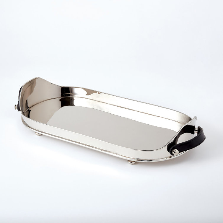 Polished Nickel Oval Drinks Tray with Leather Handles