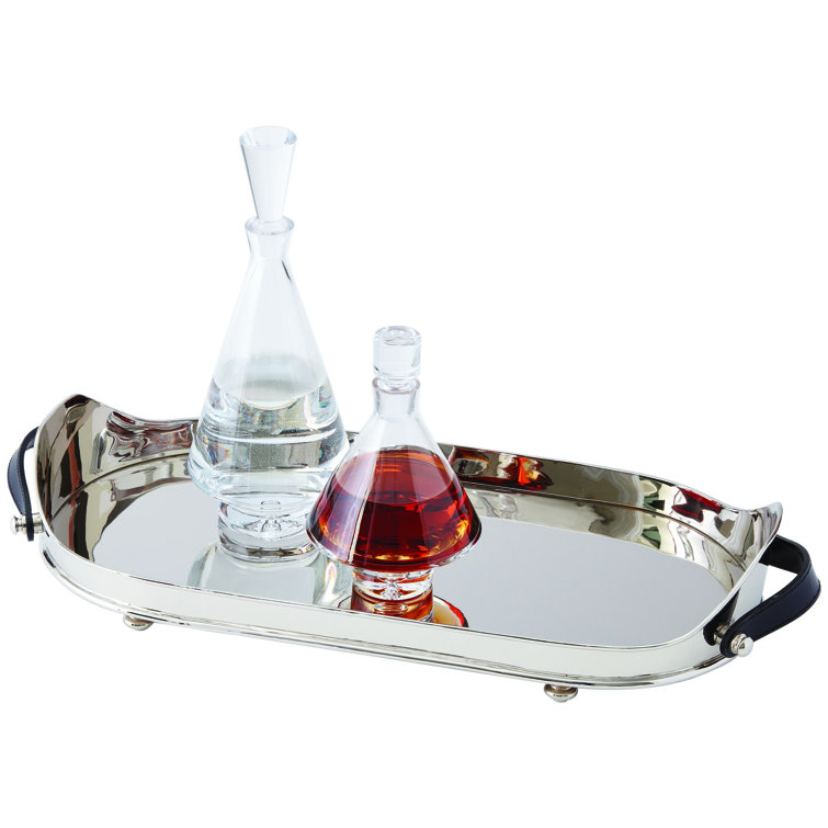 Polished Nickel Oval Drinks Tray with Leather Handles