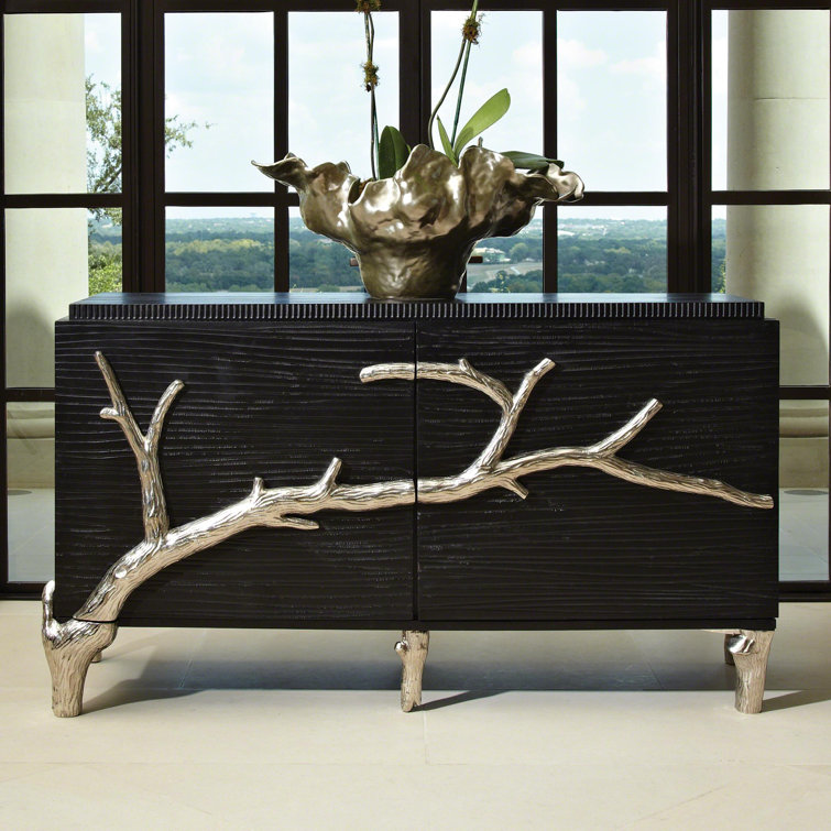 Black Mango Wood Cabinet with Polished Aluminum Branches