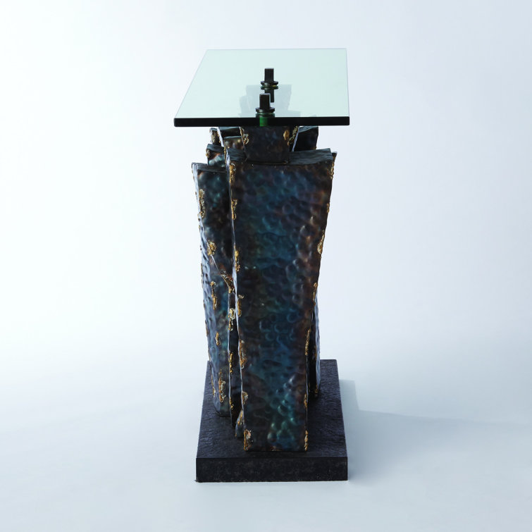 Brutalist Brass Braised Metal & Glass Console Table