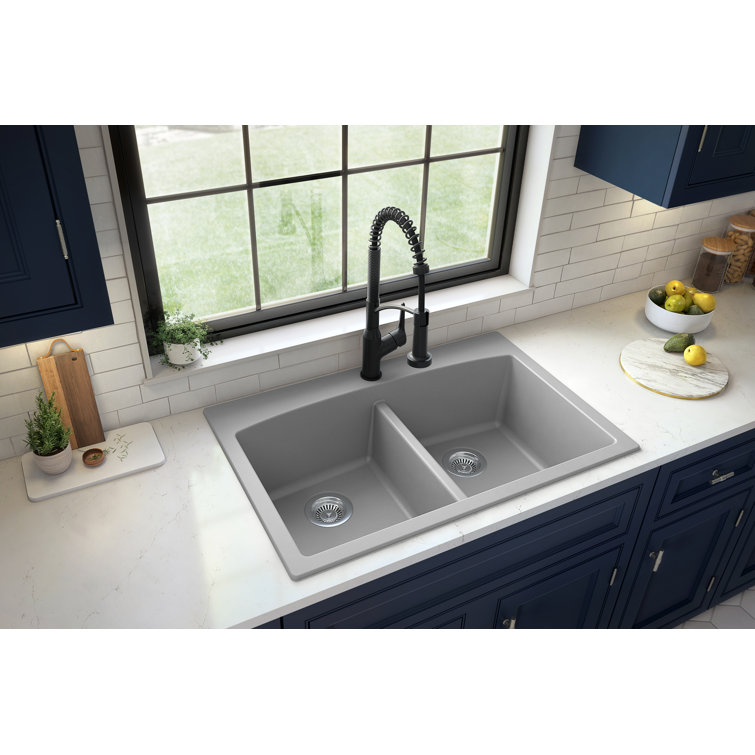 Gray Quartz 33'' Double Bowl Farmhouse Kitchen Sink Kit
