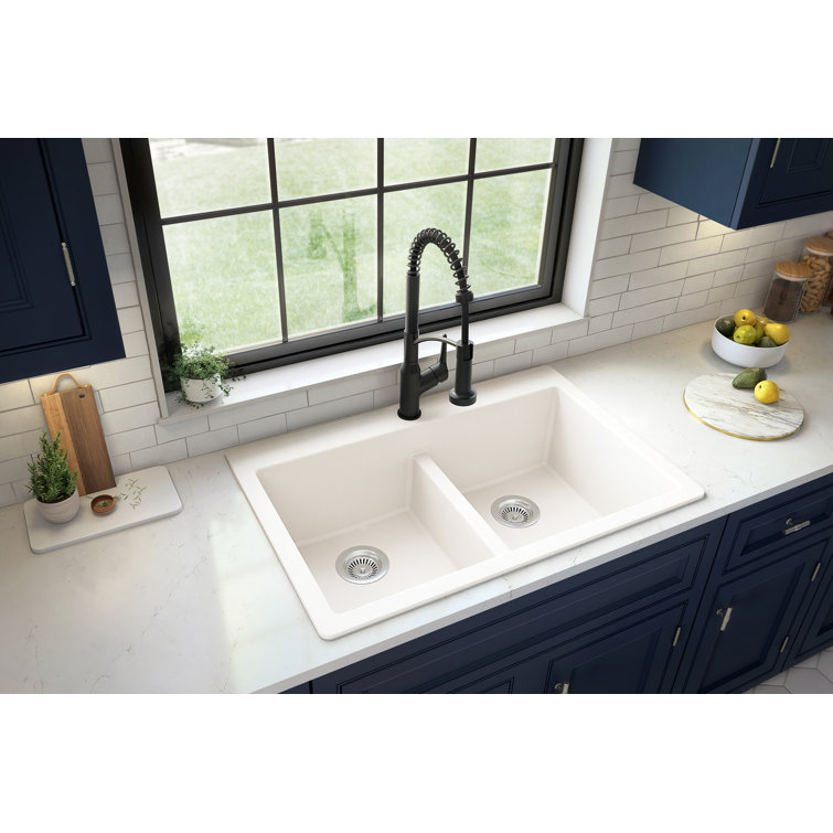 White Quartz 33'' Double Bowl Drop-In Kitchen Sink