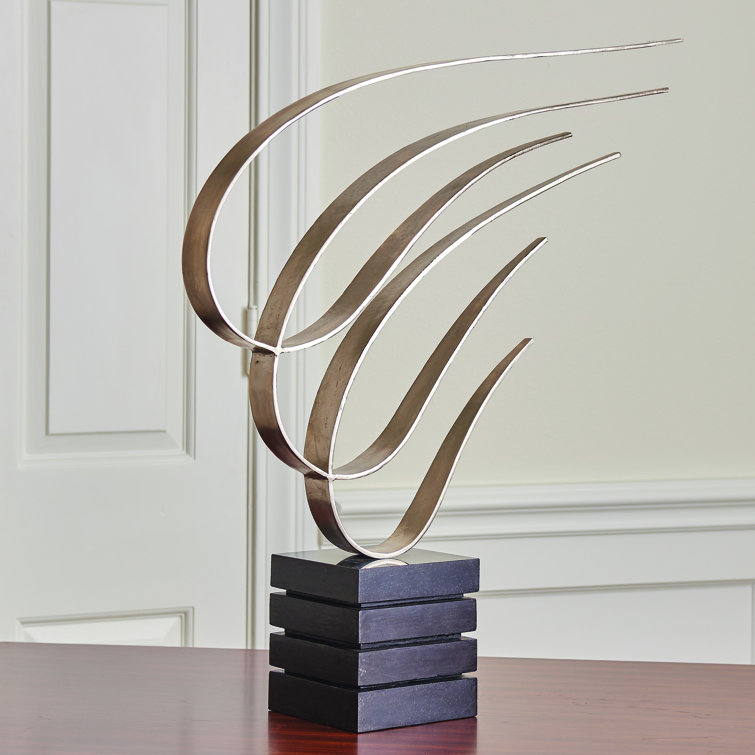 Nickel Finish Metal Swoosh Sculpture with Marble Base