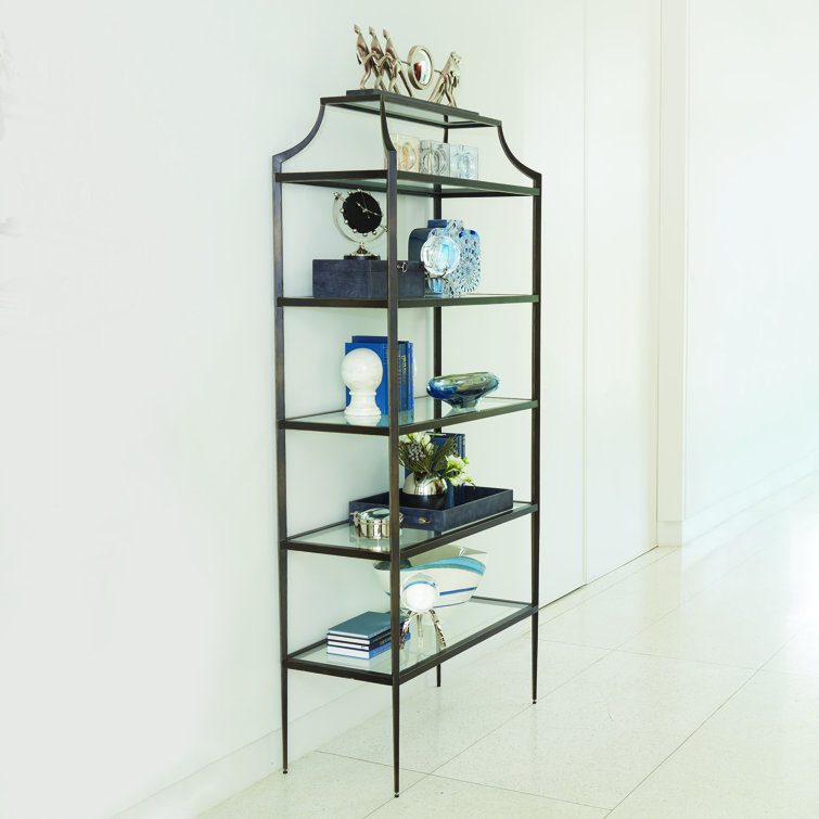 Lescot Adjustable Dark Gunmetal Bronze Etagere with Tempered Glass Shelves