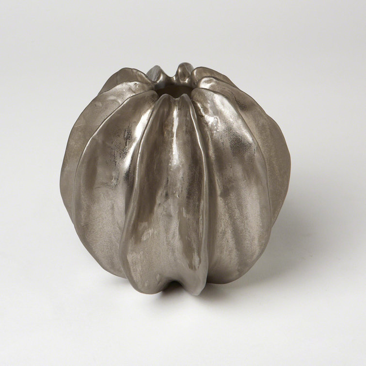 Matte Silver Ceramic Ridged Round Vase